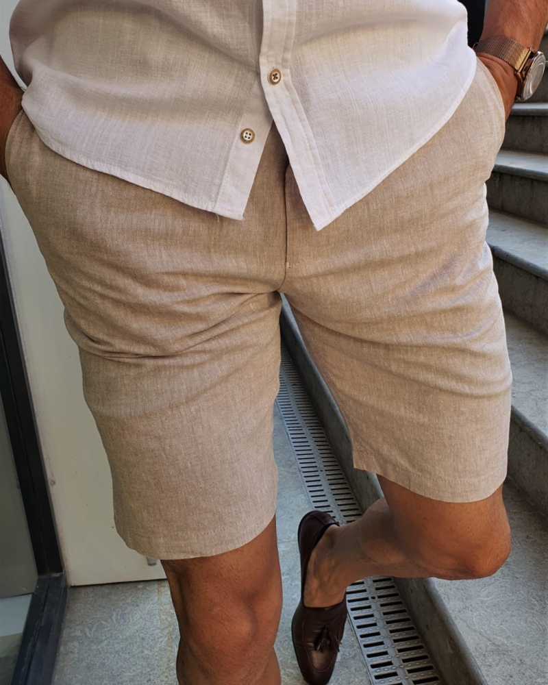 Beige Slim Fit Shorts by GentWith.com with Free Worldwide Shipping