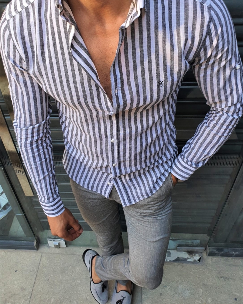 Black Slim Fit Striped Shirt by GentWith.com with Free Worldwide Shipping