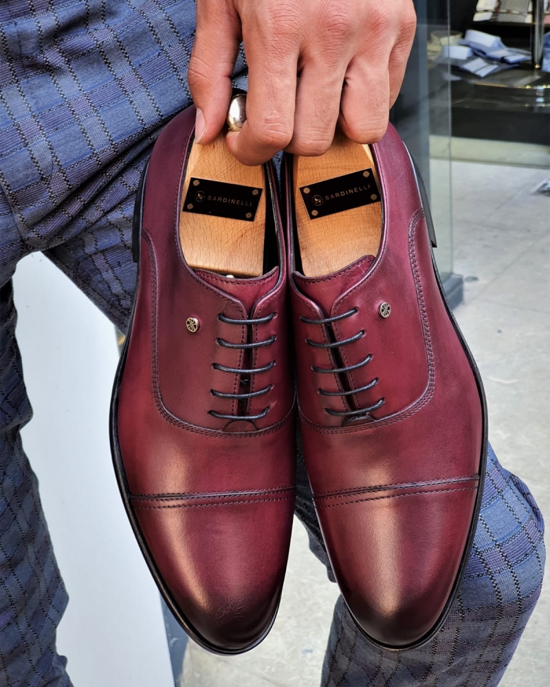 Burgundy Cap Toe Wholecut Oxfords by GentWith.com with Free Worldwide Shipping