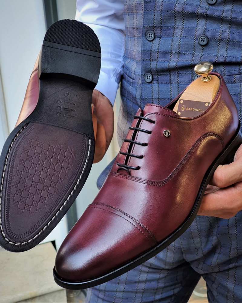 Burgundy Cap Toe Wholecut Oxfords by GentWith.com with Free Worldwide Shipping