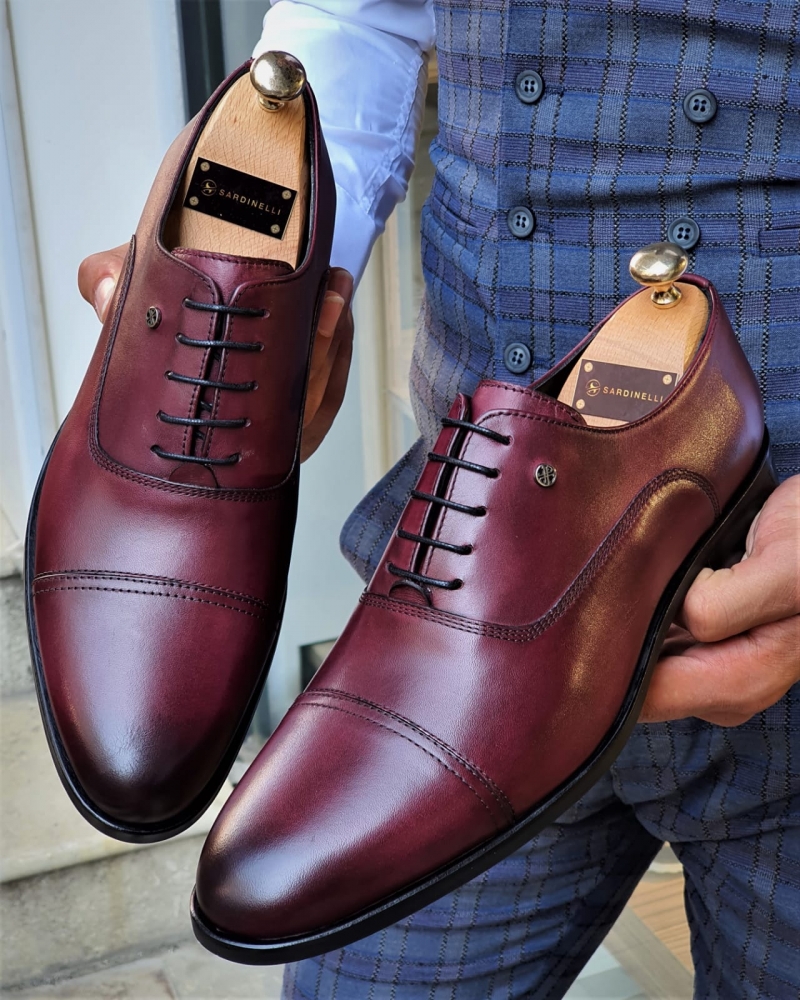 Burgundy Cap Toe Wholecut Oxfords by GentWith.com with Free Worldwide Shipping