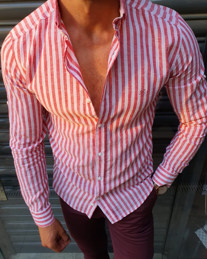 GentWith Fayetteville Claret Red Slim Fit Striped Shirt - GENT WITH