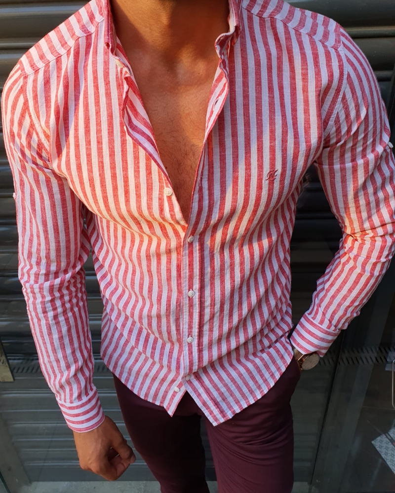 Red Slim Fit Striped Shirt by GentWith.com with Free Worldwide Shipping