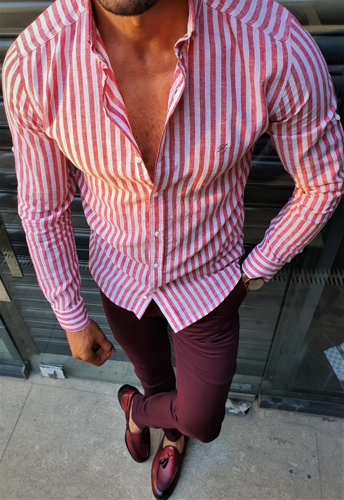GentWith Fayetteville Claret Red Slim Fit Striped Shirt - GENT WITH