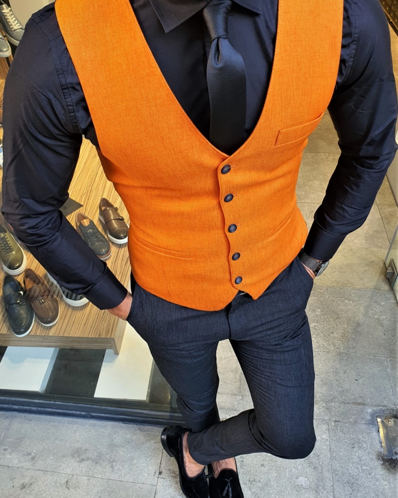 Orange Slim Fit Vest by GentWith.com with Free Worldwide Shipping