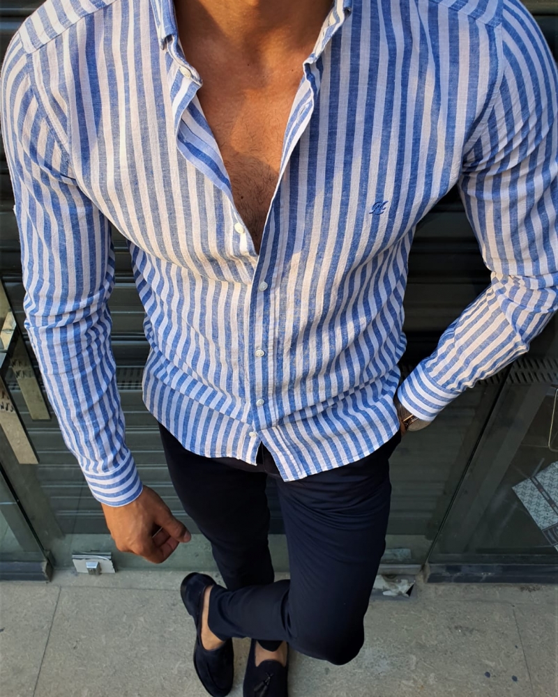 Blue Slim Fit Striped Shirt by GentWith.com with Free Worldwide Shipping
