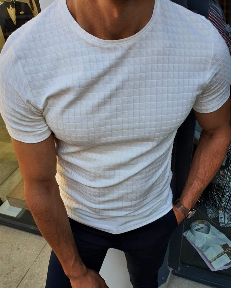 White Slim Fit Round Neck T-Shirt by GentWith.com with Free Worldwide Shipping