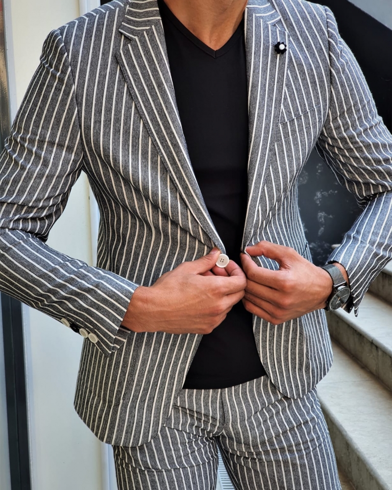 Black Slim Fit Striped Blazer by GentWith.com with Free Worldwide Shipping