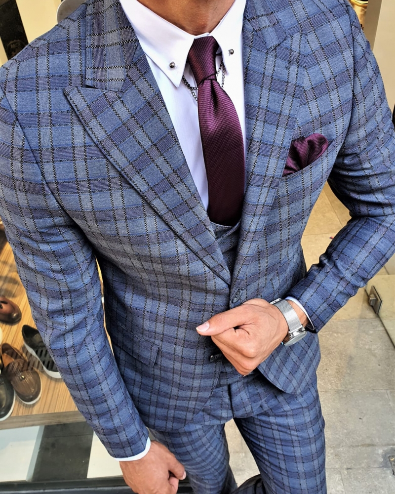 Indigo Slim Fit Plaid Suit by GentWith.com with Free Worldwide Shipping