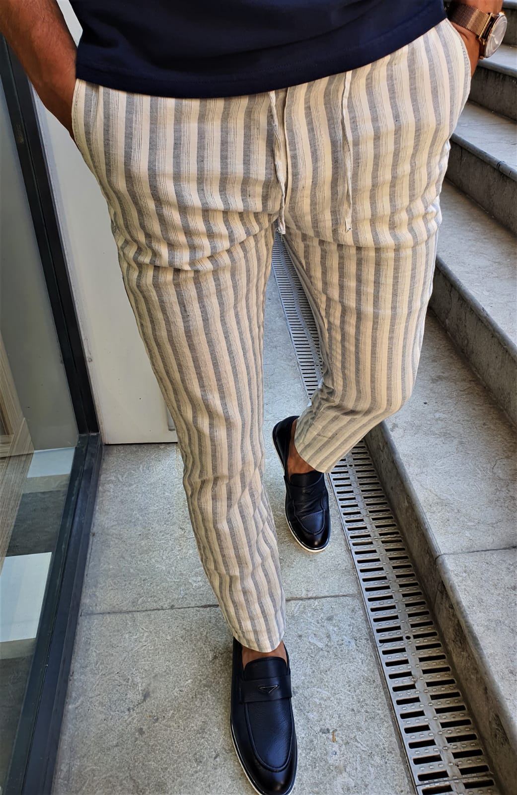 GentWith Newark Navy Blue Slim Fit Laced Striped Linen Pants