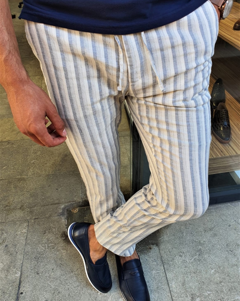 Navy Blue Slim Fit Laced Striped Linen Pants by GentWith.com with Free Worldwide Shipping