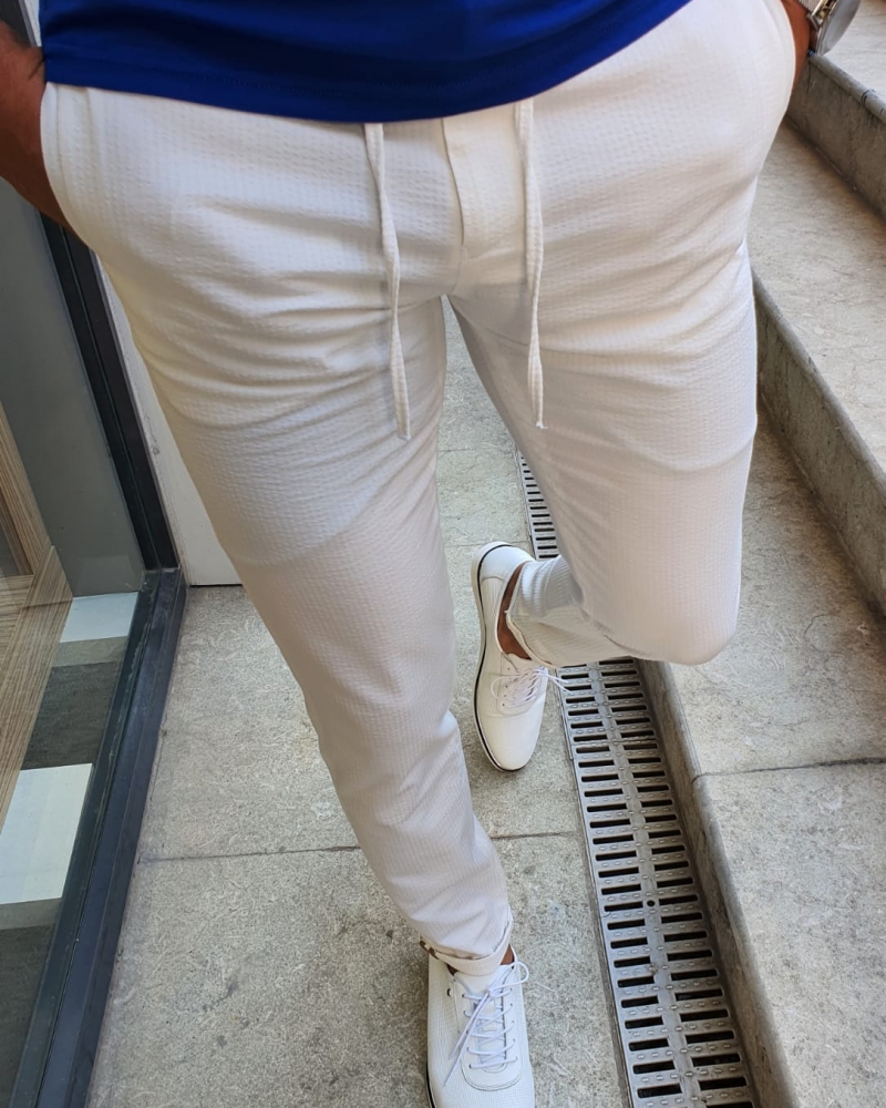 White Slim Fit Laced Cotton Pants by GentWith.com with Free Worldwide Shipping