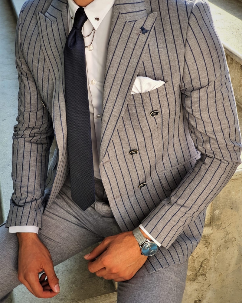 Buy Navy Blue Slim Fit Pinstripe Double Breasted Suit by GentWith