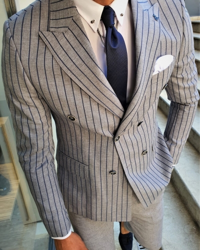 GentWith Sioux Dark Blue Slim Fit Double Breasted Wool Suit