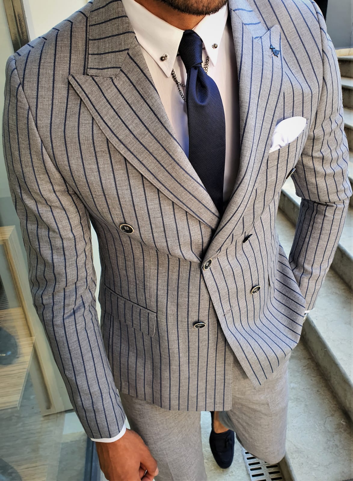 Buy Navy Blue Slim Fit Pinstripe Double Breasted Suit by GentWith