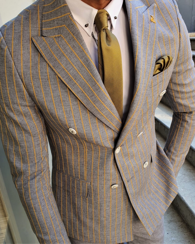 Yellow Slim Fit Pinstripe Double Breasted Suit by GentWith.com with Free Worldwide Shipping