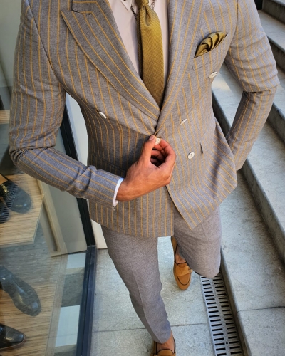 Yellow Slim Fit Pinstripe Double Breasted Suit by GentWith.com with Free Worldwide Shipping