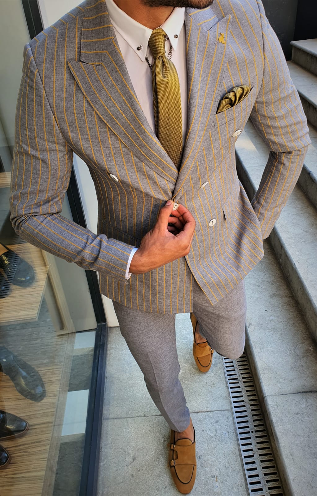 Buy Yellow Slim Fit Pinstripe Double Breasted Suit By Gentwith