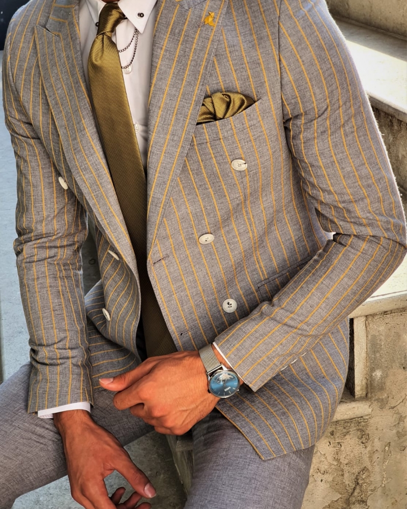 Buy Yellow Slim Fit Pinstripe Double Breasted Suit by GentWith