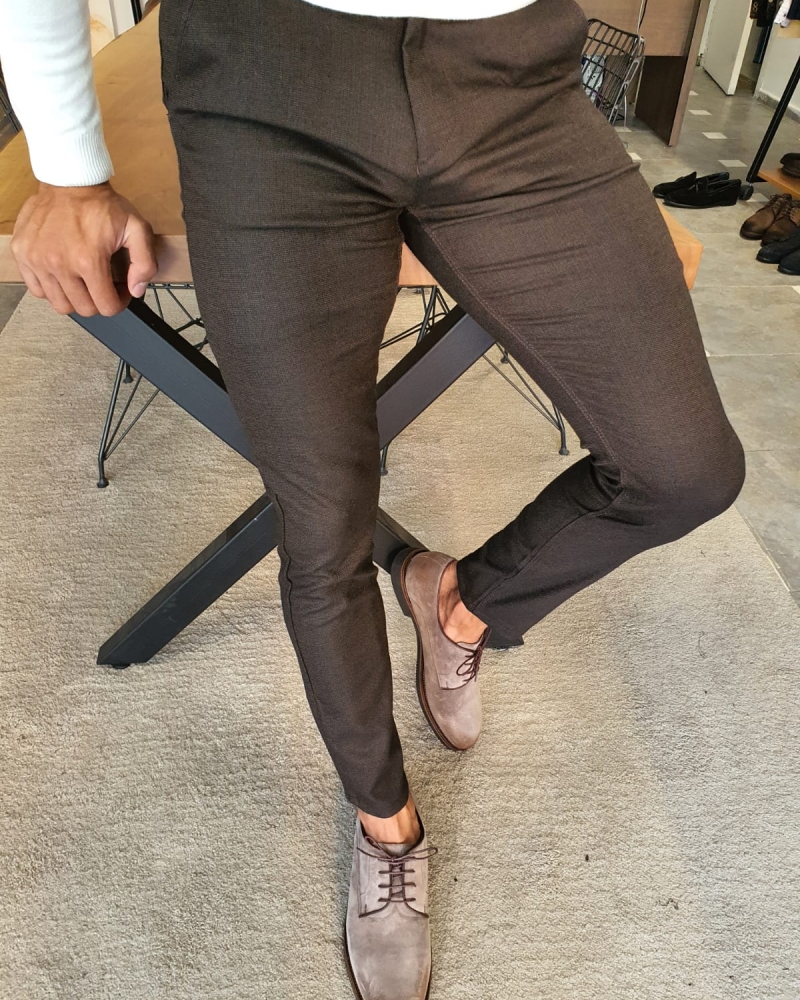 Brown Slim Fit Pants by GentWith.com with Free Worldwide Shipping