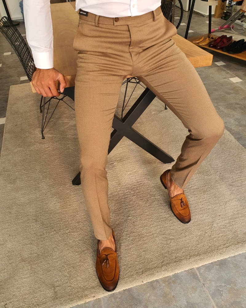 Camel Slim Fit Pants by GentWith.com with Free Worldwide Shipping