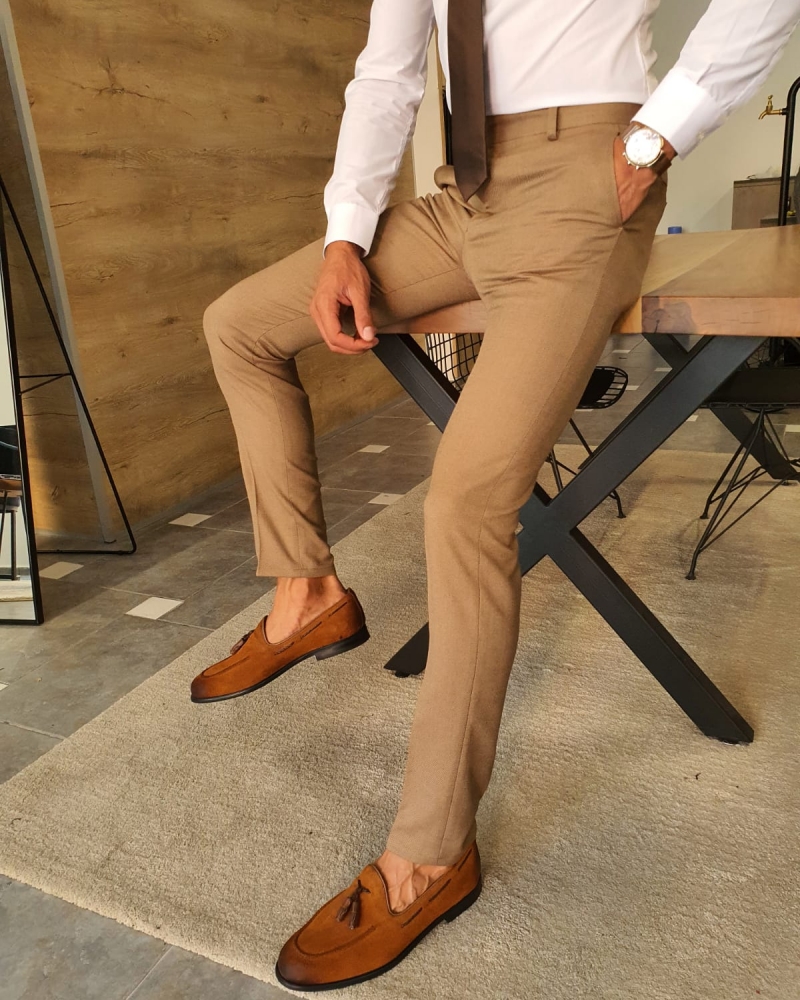 Camel Slim Fit Pants by GentWith.com with Free Worldwide Shipping