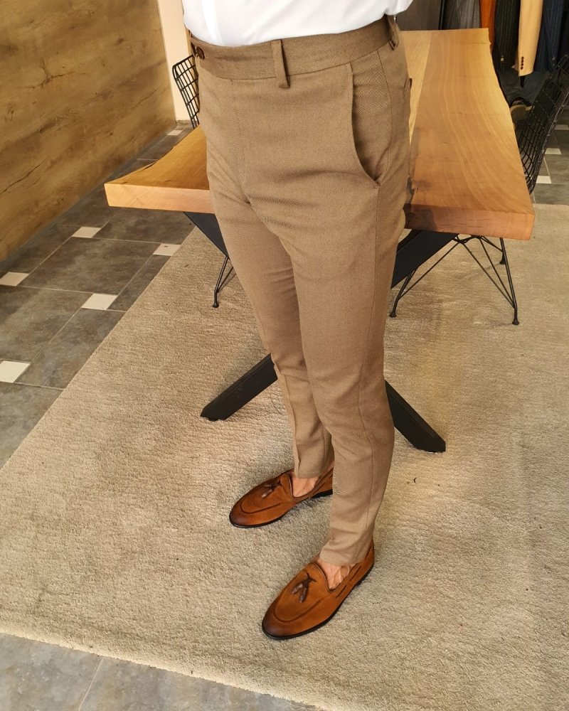 Camel Slim Fit Pants by GentWith.com with Free Worldwide Shipping