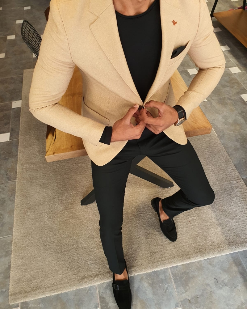 Beige Slim Fit Blazer by GentWith.com with Free Worldwide Shipping