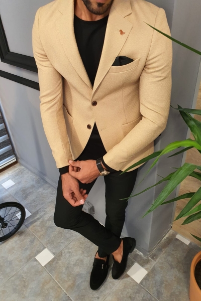 Beige Slim Fit Blazer by GentWith.com with Free Worldwide Shipping