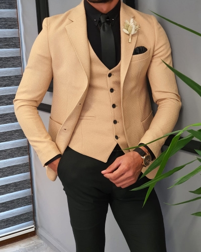 Beige Slim Fit Suit by GentWith.com with Free Worldwide Shipping