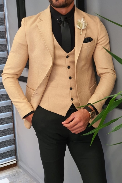 Beige Slim Fit Suit by GentWith.com with Free Worldwide Shipping