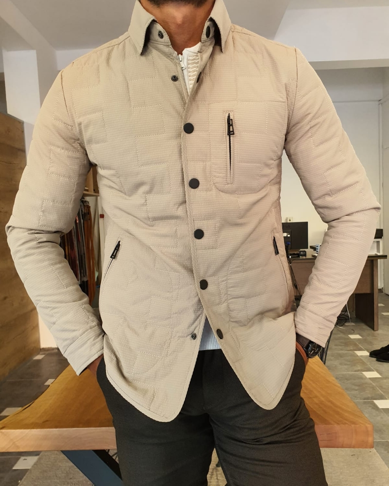 Beige Slim Fit Zipper Coat by GentWith.com with Free Worldwide Shipping