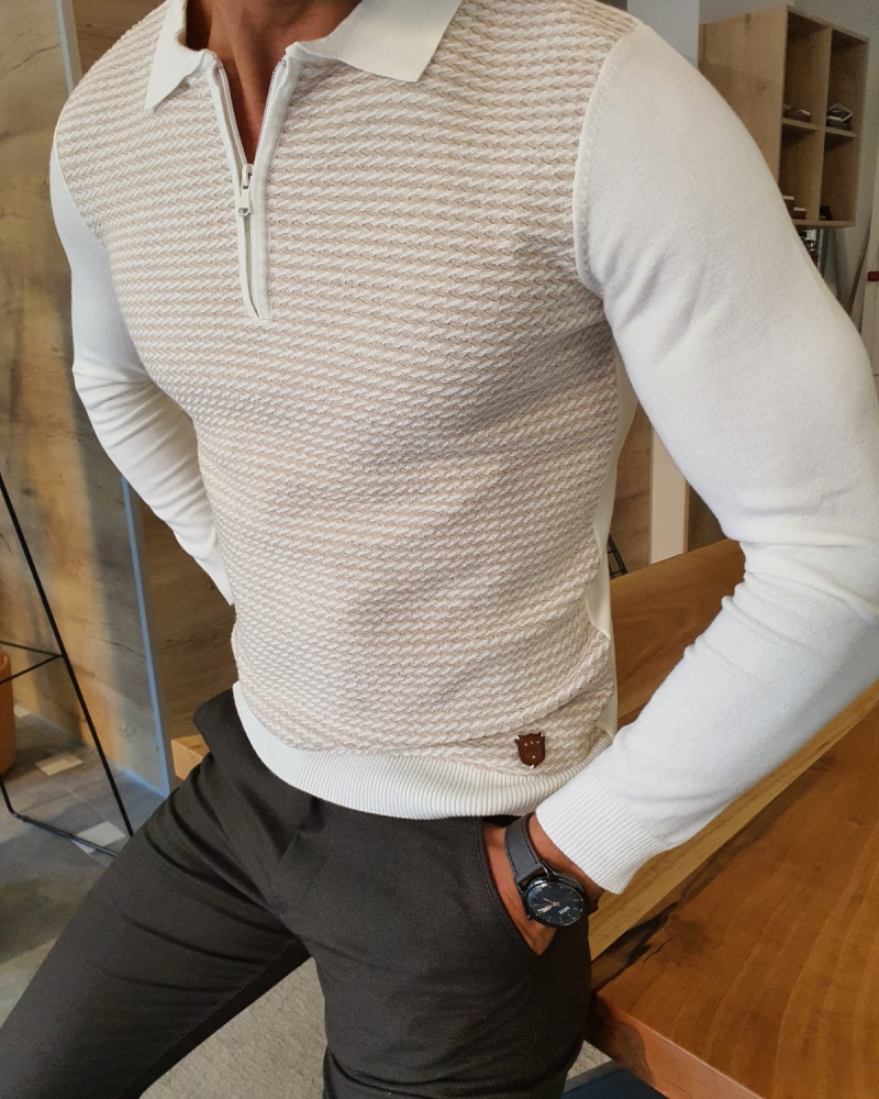 Beige Slim Fit Zipper Collar Sweater by GentWith.com with Free Worldwide Shipping