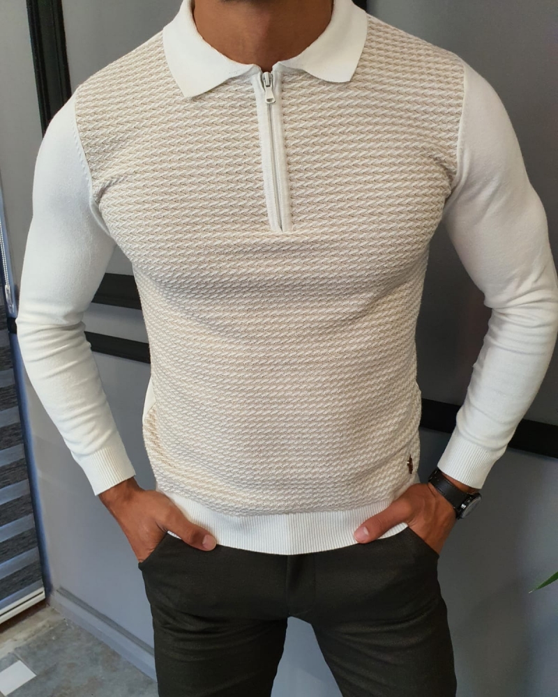 Beige Slim Fit Zipper Collar Sweater by GentWith.com with Free Worldwide Shipping