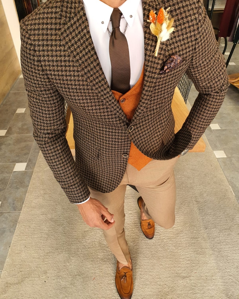 Brown Slim Fit Plaid Wool Suit by GentWith.com with Free Worldwide Shipping
