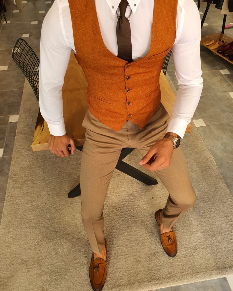 Camel Slim Fit Vest by GentWith.com with Free Worldwide Shipping