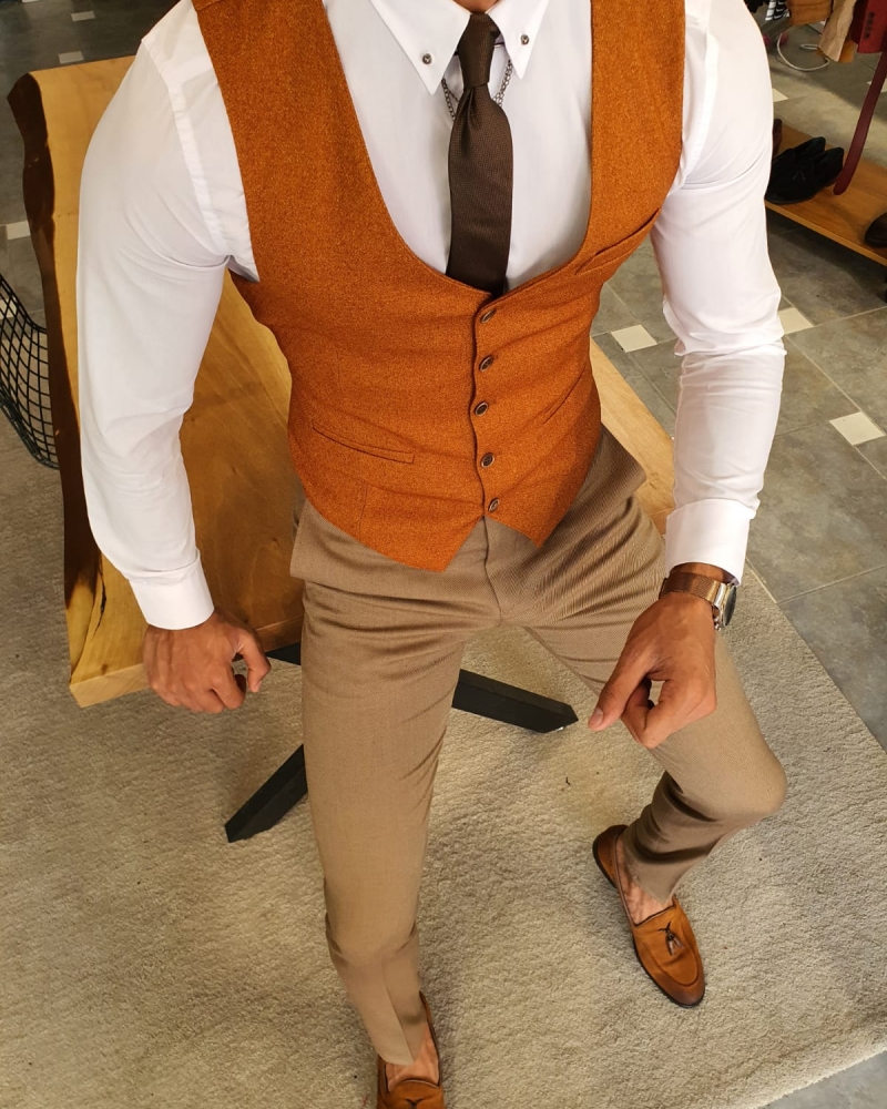 Camel Slim Fit Vest by GentWith.com with Free Worldwide Shipping