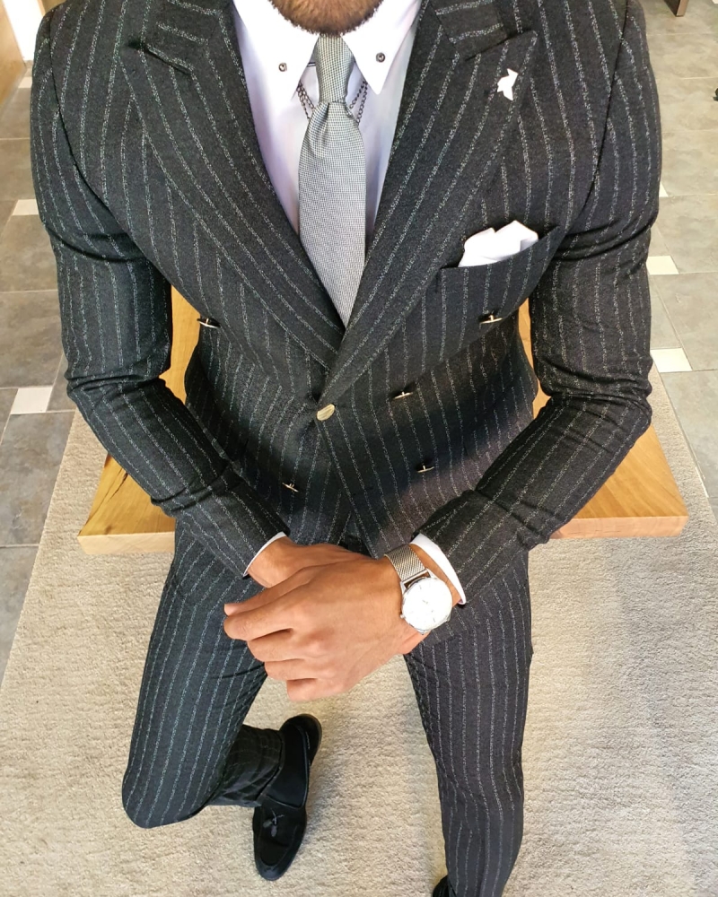 Black Slim Fit Pinstripe Double Breasted Suit by GentWith.com with Free Worldwide Shipping