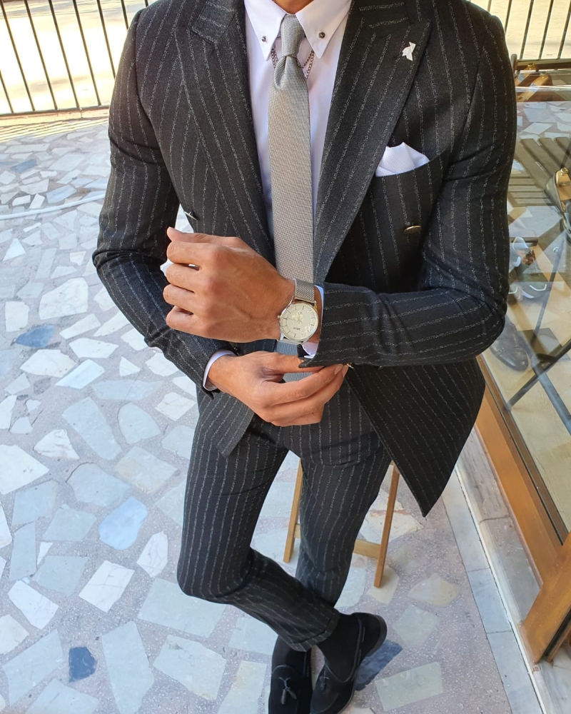 Black Slim Fit Pinstripe Double Breasted Suit by GentWith.com with Free Worldwide Shipping