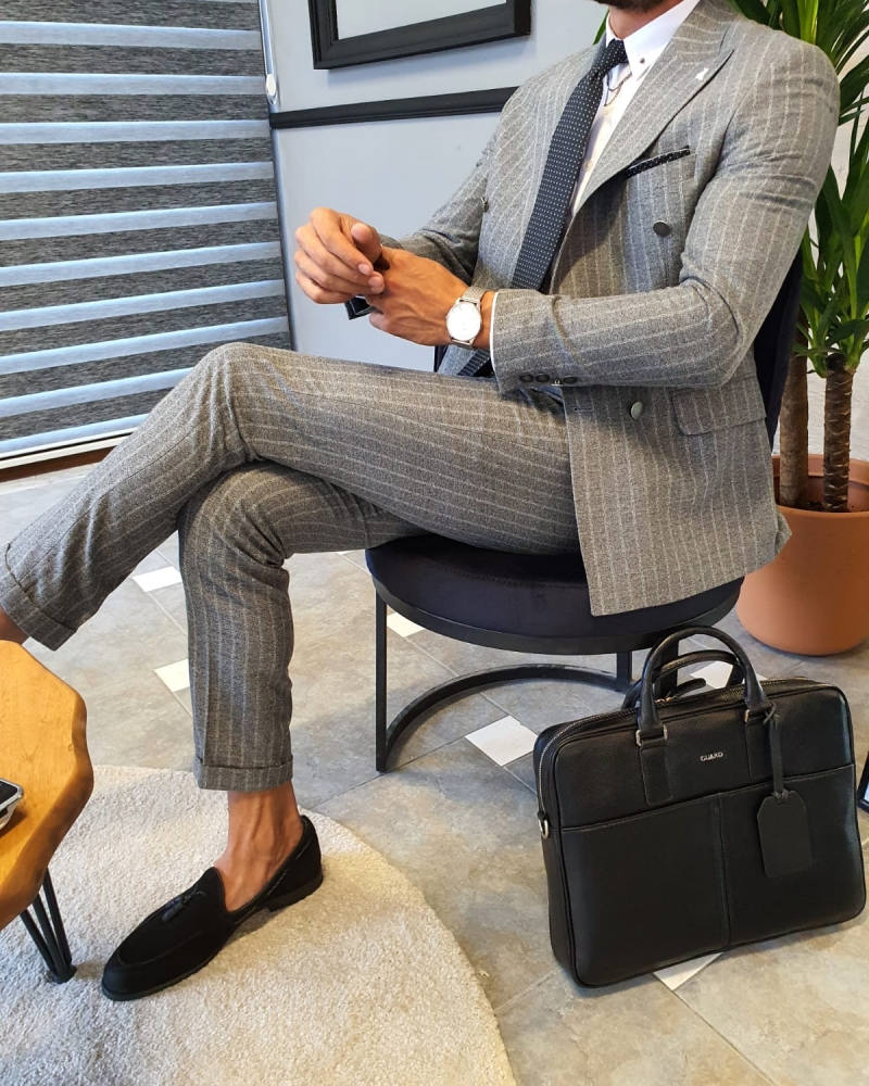 Gray Slim Fit Pinstripe Double Breasted Suit by GentWith.com with Free Worldwide Shipping