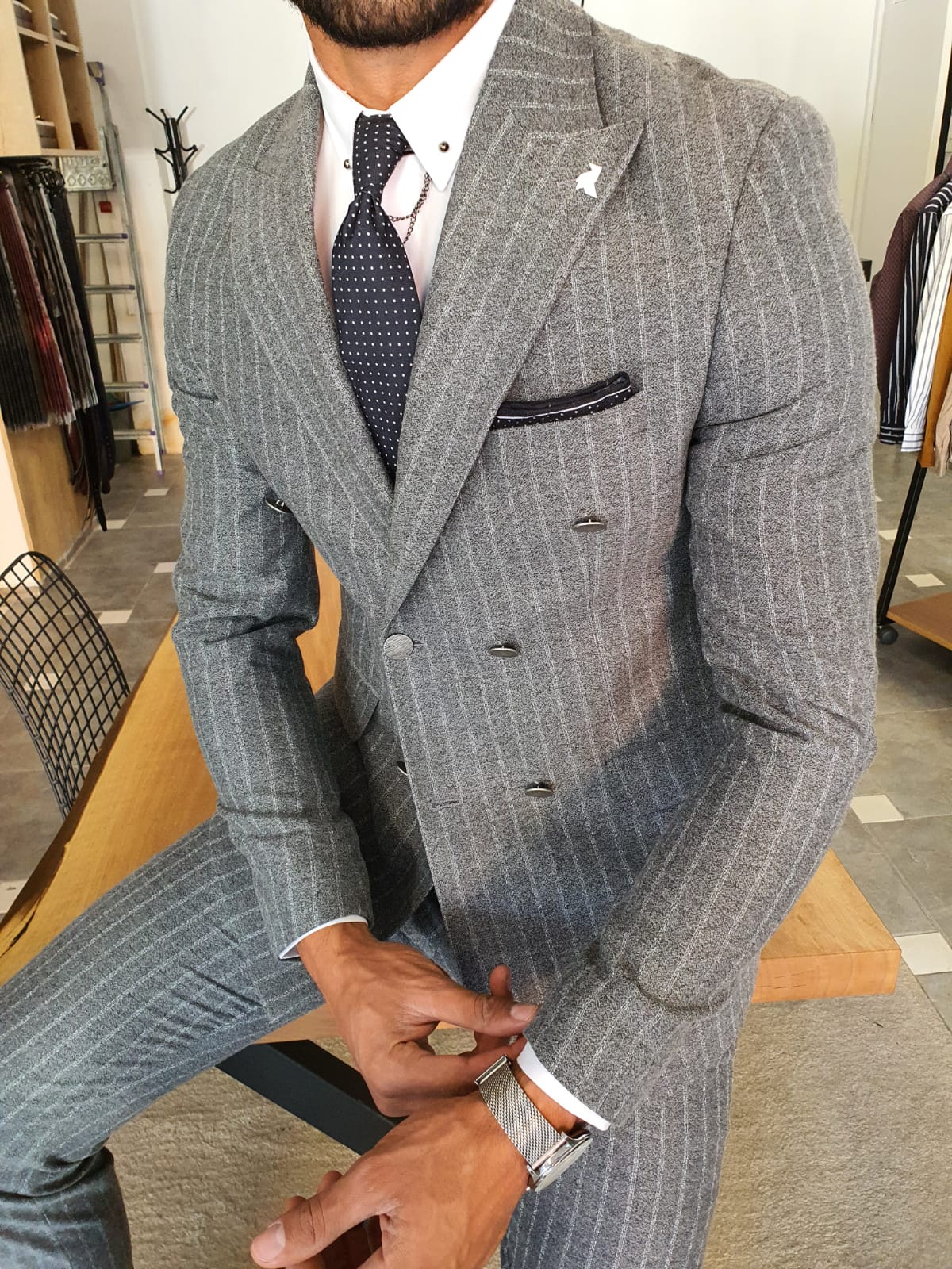 Buy Gray Slim Fit Pinstripe Double Breasted Suit by GentWith