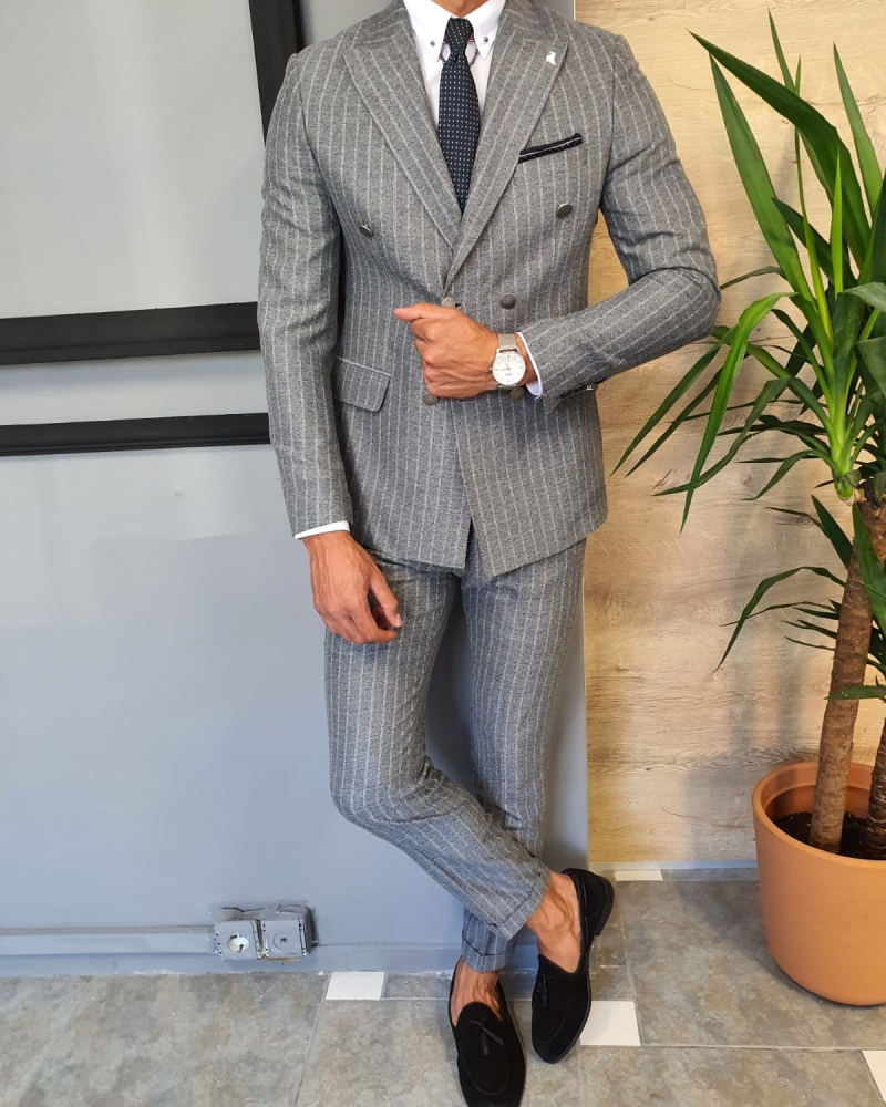 Gray Slim Fit Pinstripe Double Breasted Suit by GentWith.com with Free Worldwide Shipping