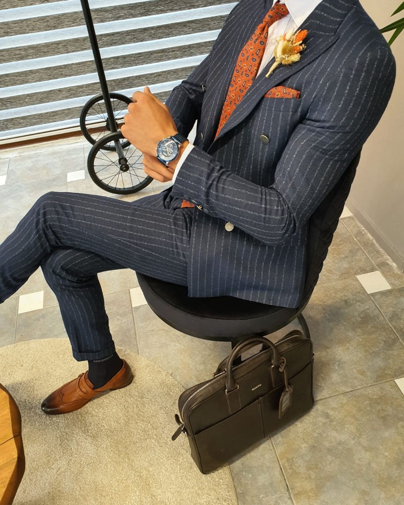 Navy Blue Slim Fit Pinstripe Double Breasted Suit by GentWith.com with Free Worldwide Shipping