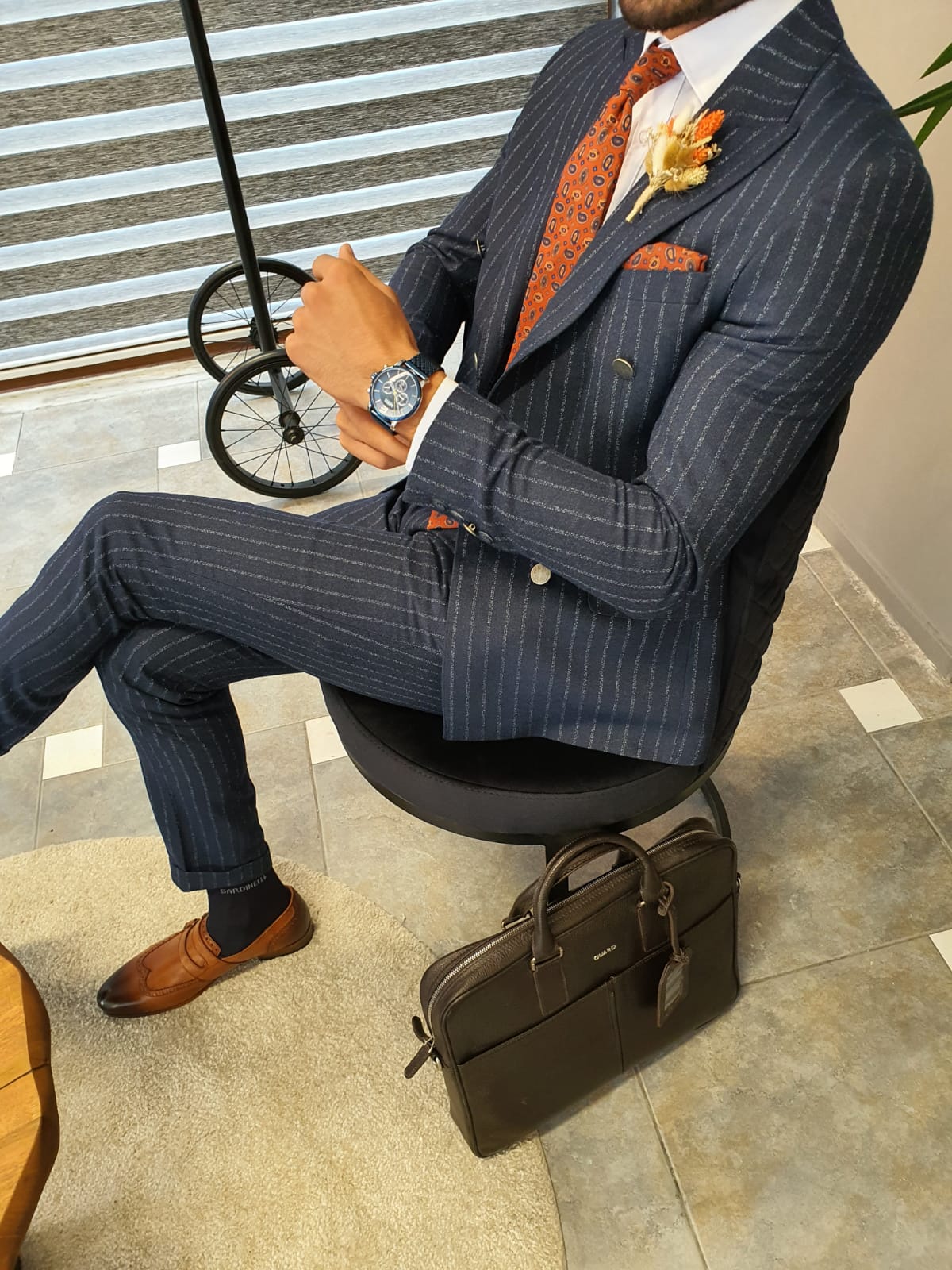 Buy Navy Blue Slim Fit Pinstripe Double Breasted Suit By Gentwith