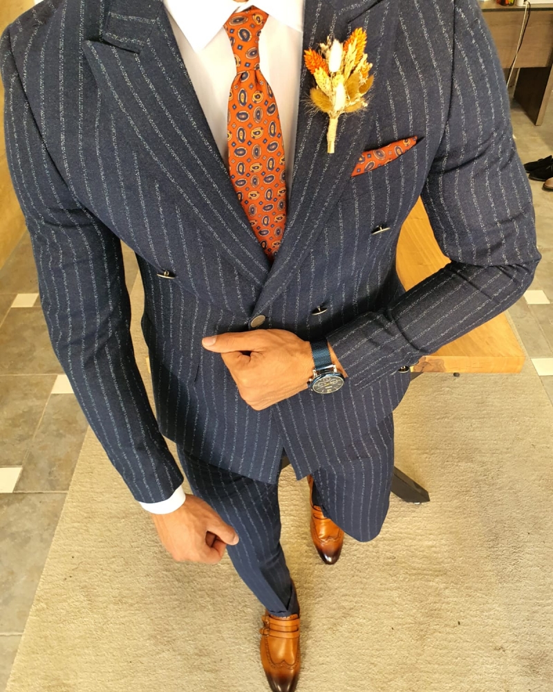 Navy Blue Slim Fit Pinstripe Double Breasted Suit by GentWith.com with Free Worldwide Shipping