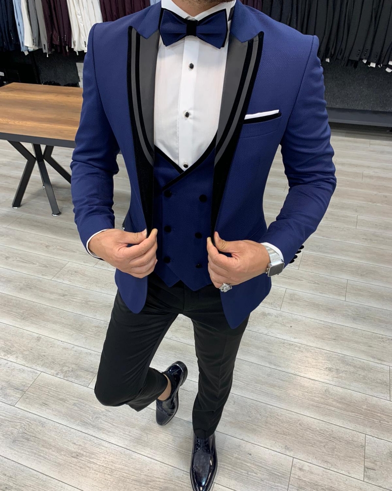 Blue Slim Fit Peak Lapel Tuxedo by GentWith.com with Free Worldwide Shipping