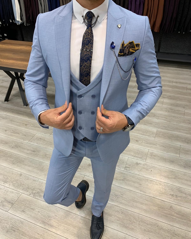 Sky Blue Slim Fit Wool Suit by GentWith.com with Free Worldwide Shipping