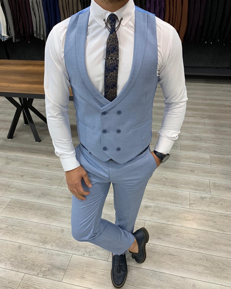 Sky Blue Slim Fit Wool Suit by GentWith.com with Free Worldwide Shipping