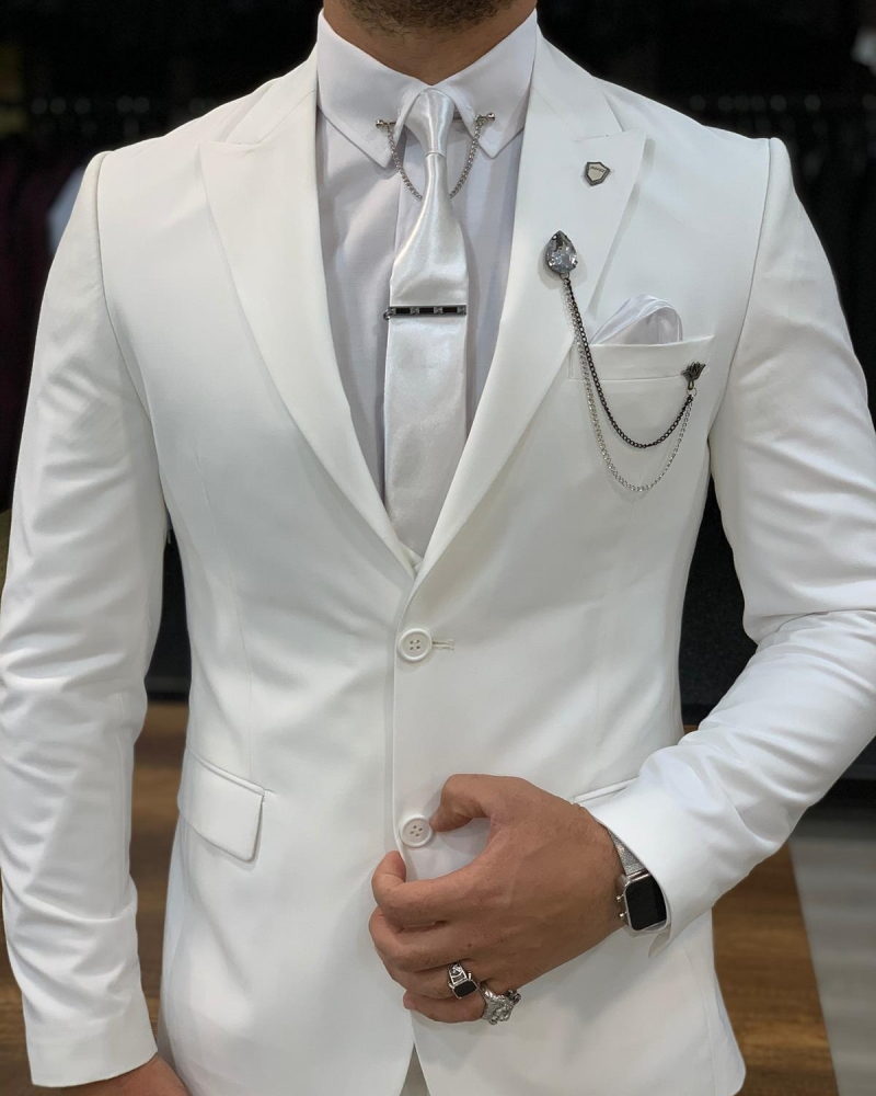 White Slim Fit Wool Suit by GentWith.com with Free Worldwide Shipping
