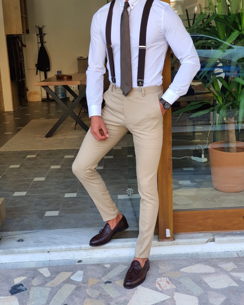 Beige Slim Fit Pants by GentWith.com with Free Worldwide Shipping